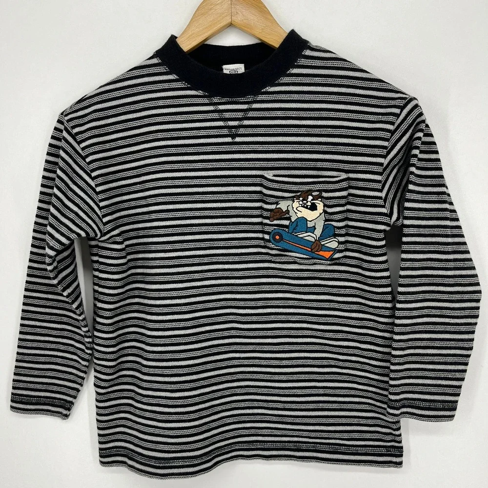 Warner Bros Studio Store Kids Taz Snowboarding Striped Long Sleeve Shirt M 1996
